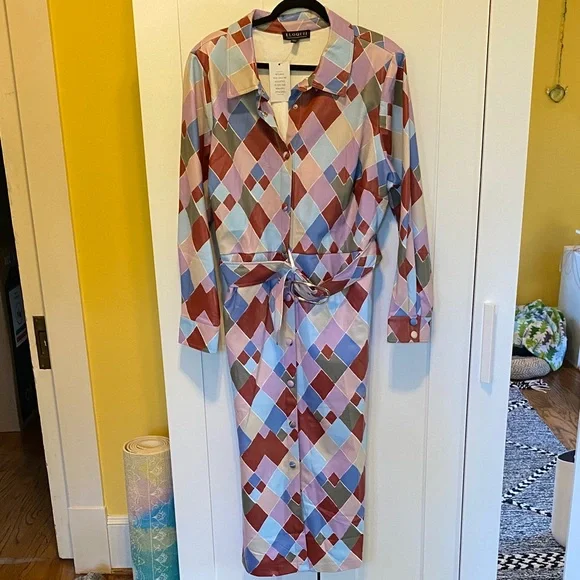 Eloquii Multicolor Diamond Patterned Belted Long-sleeved Dress - Picture 7 of 11